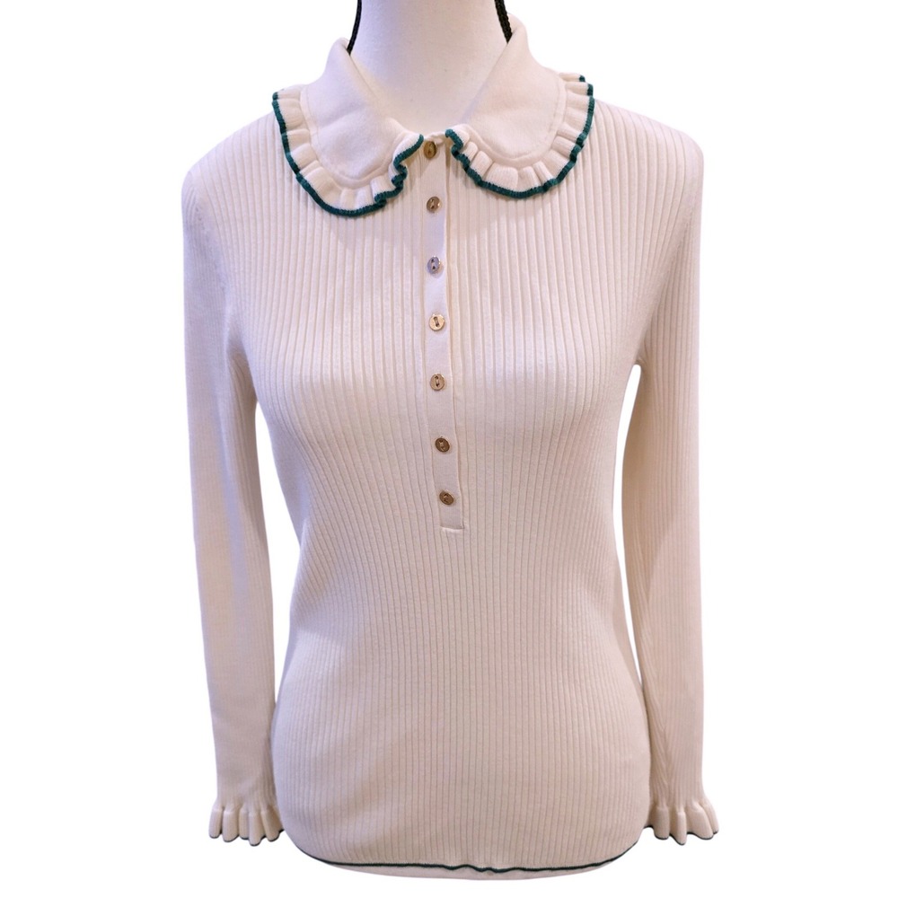 LOFT Petite Ribbed Peter Pan Collar Sweater LP Ivory Green Trim Preppy Coquette